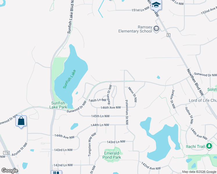 map of restaurants, bars, coffee shops, grocery stores, and more near 14690 Sodium Street in Ramsey