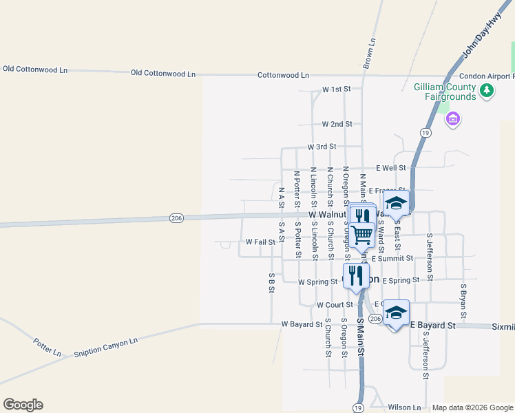 map of restaurants, bars, coffee shops, grocery stores, and more near 615 West Walnut Street in Condon