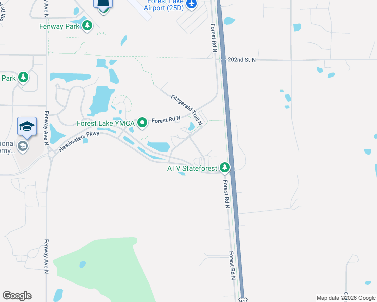 map of restaurants, bars, coffee shops, grocery stores, and more near 19810 Headwaters Parkway in Forest Lake