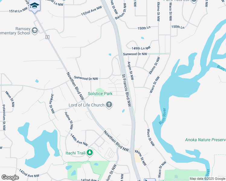 map of restaurants, bars, coffee shops, grocery stores, and more near 14660 Cobalt Street Northwest in Ramsey