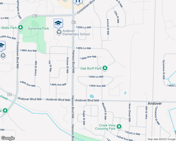 map of restaurants, bars, coffee shops, grocery stores, and more near 1500 147th Avenue Northwest in Andover