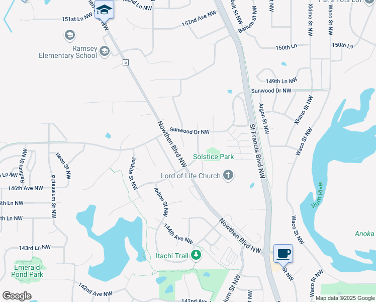 map of restaurants, bars, coffee shops, grocery stores, and more near 5511 146th Avenue Northwest in Ramsey