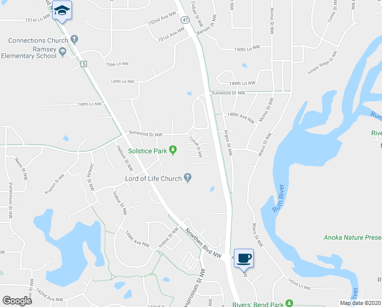 map of restaurants, bars, coffee shops, grocery stores, and more near 14700 Cobalt Street Northwest in Anoka