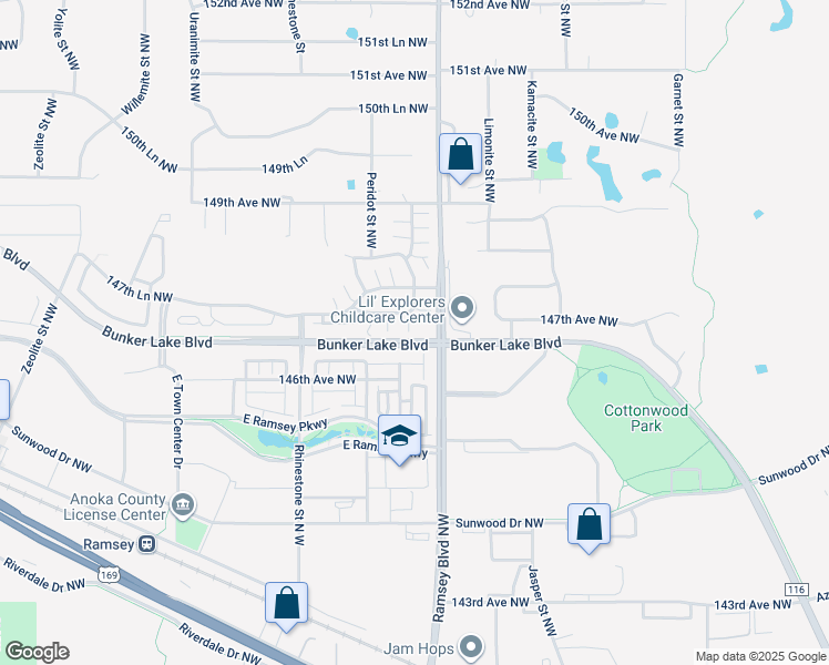 map of restaurants, bars, coffee shops, grocery stores, and more near 7224 147th Terrace Northwest in Ramsey