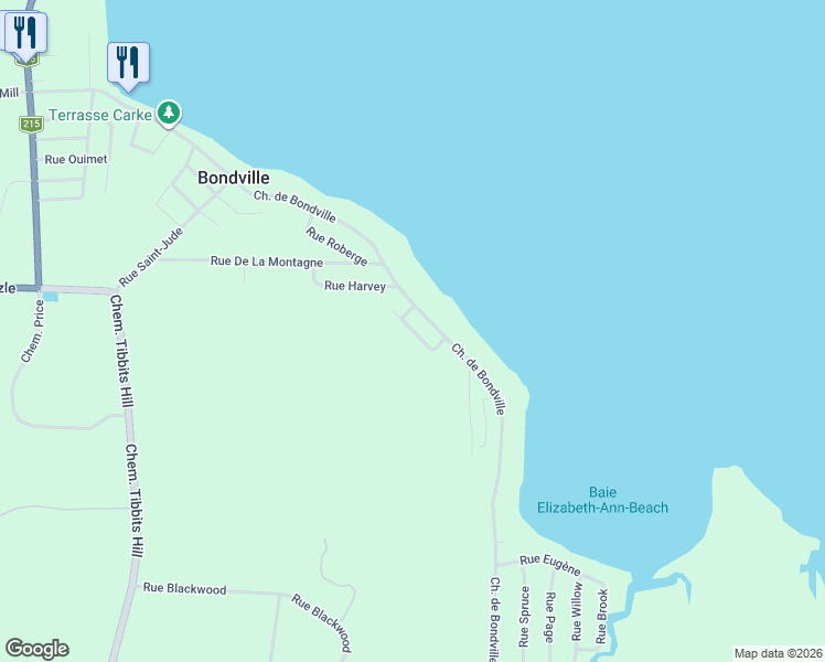 map of restaurants, bars, coffee shops, grocery stores, and more near Rue des Alizes in Lac-Brome
