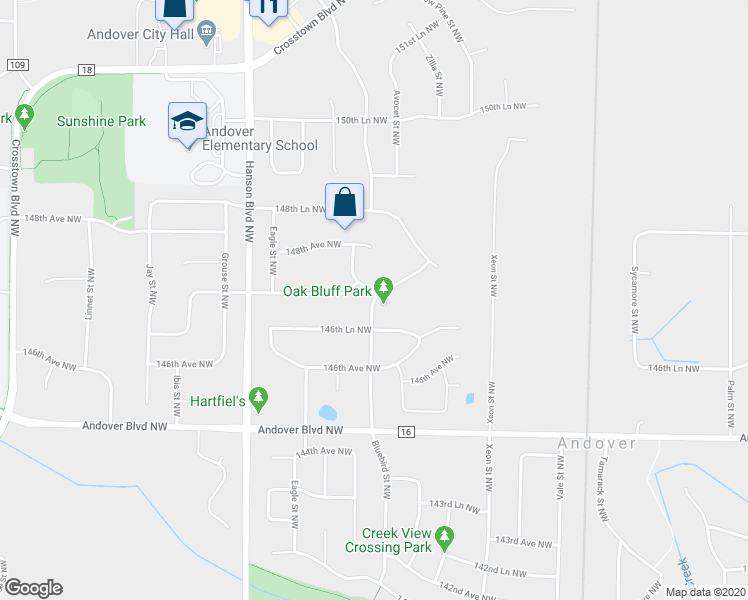 map of restaurants, bars, coffee shops, grocery stores, and more near 14677 Bluebird Street Northwest in Andover