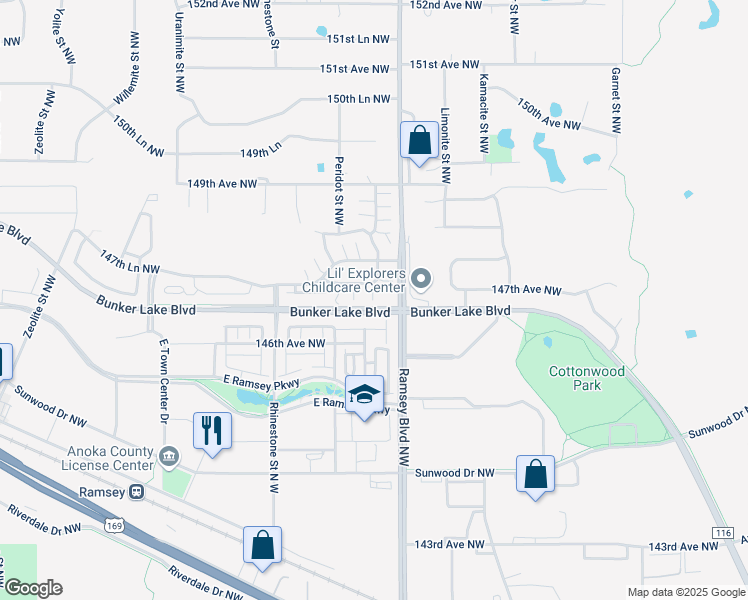 map of restaurants, bars, coffee shops, grocery stores, and more near 7266 Bunker Lake Boulevard in Ramsey