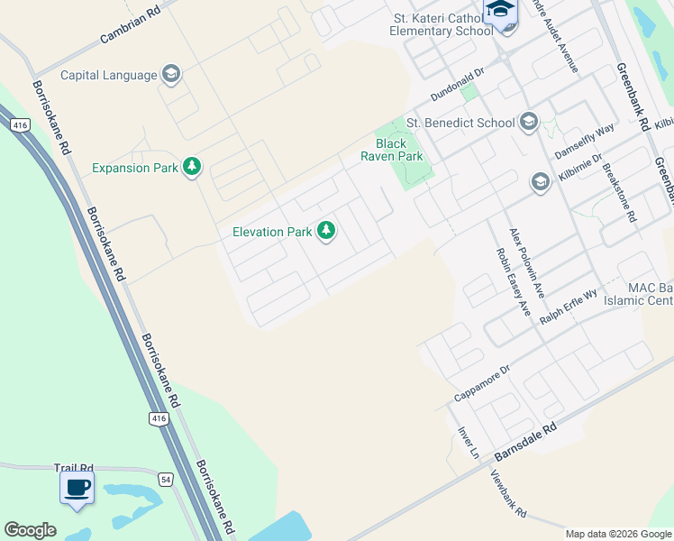 map of restaurants, bars, coffee shops, grocery stores, and more near 414 Epoch Street in Ottawa