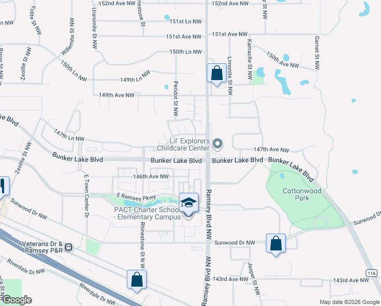 map of restaurants, bars, coffee shops, grocery stores, and more near 7266 Bunker Lake Boulevard in Ramsey
