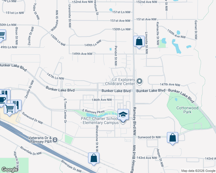 map of restaurants, bars, coffee shops, grocery stores, and more near 7314 Bunker Lake Boulevard in Ramsey