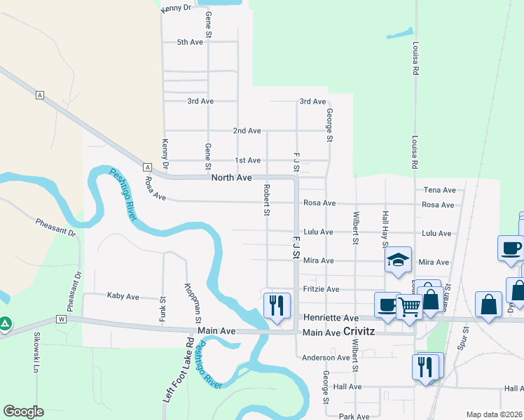 map of restaurants, bars, coffee shops, grocery stores, and more near 1108 Lulu Avenue in Crivitz