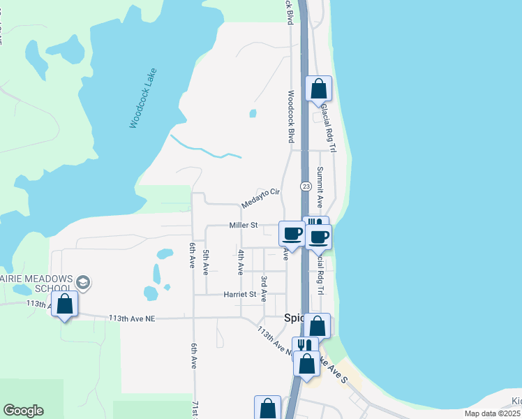 map of restaurants, bars, coffee shops, grocery stores, and more near 301 Miller Street in Spicer