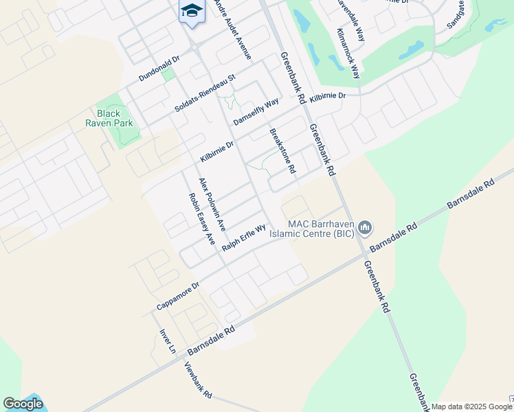 map of restaurants, bars, coffee shops, grocery stores, and more near 2588 River Mist Road in Ottawa