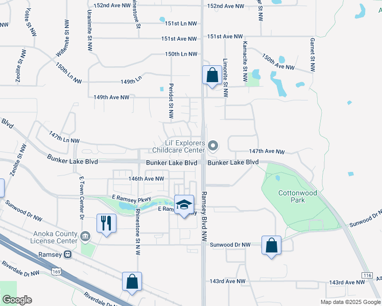 map of restaurants, bars, coffee shops, grocery stores, and more near 7282 147 Lane Northwest in Ramsey