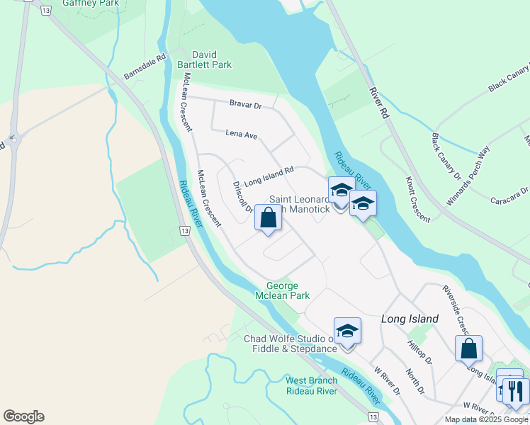 map of restaurants, bars, coffee shops, grocery stores, and more near Driscoll Drive in Ottawa