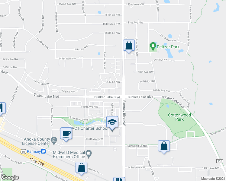 map of restaurants, bars, coffee shops, grocery stores, and more near 7256 147th Terrace Northwest in Ramsey