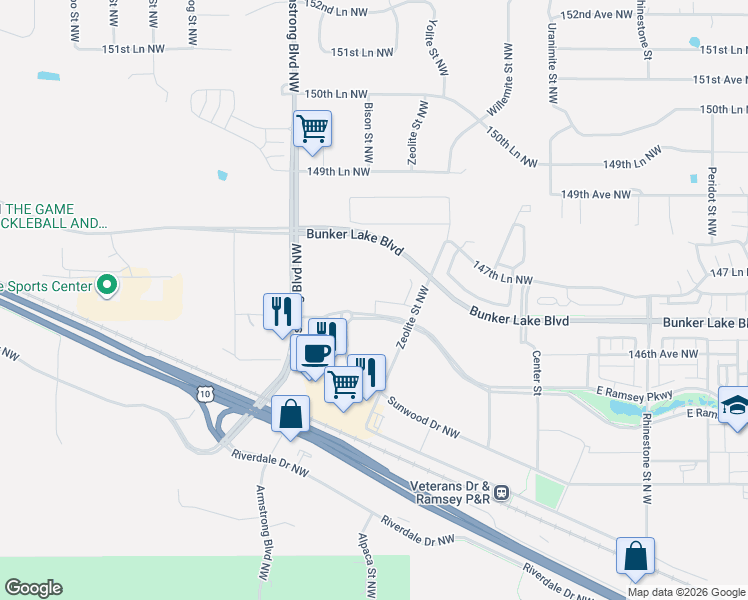 map of restaurants, bars, coffee shops, grocery stores, and more near Bunker Lake Boulevard in Ramsey