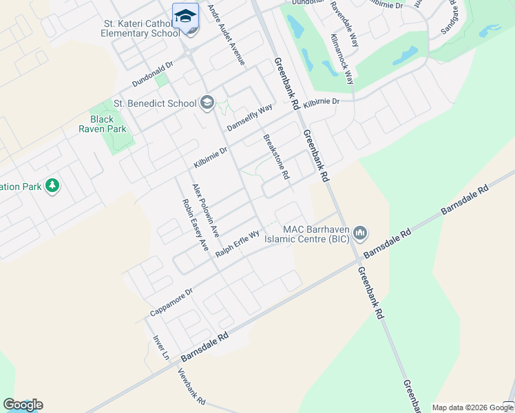 map of restaurants, bars, coffee shops, grocery stores, and more near 2586 River Mist Road in Ottawa