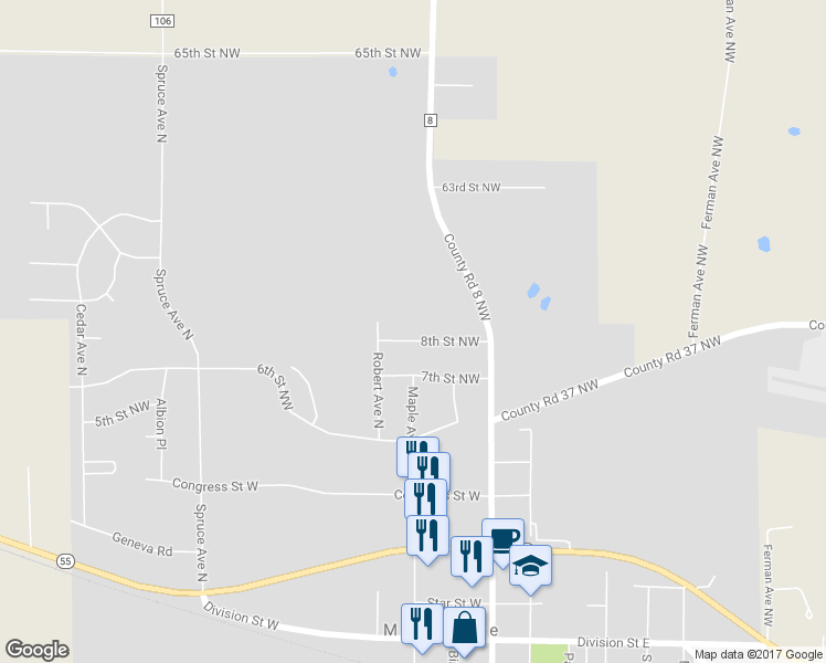 map of restaurants, bars, coffee shops, grocery stores, and more near 300 8th Street Northwest in Maple Lake
