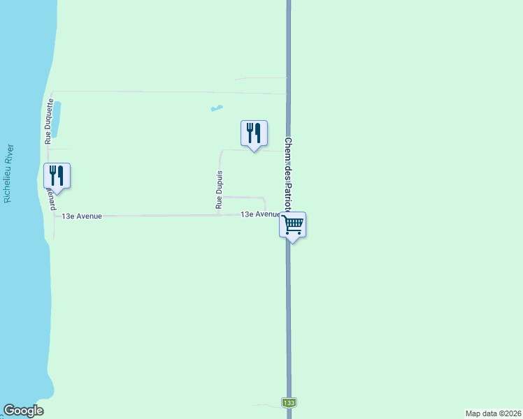 map of restaurants, bars, coffee shops, grocery stores, and more near 275 13e Avenue in Sabrevois