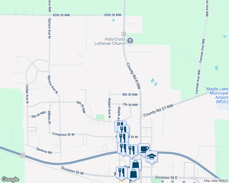 map of restaurants, bars, coffee shops, grocery stores, and more near 300 8th Street Northwest in Maple Lake