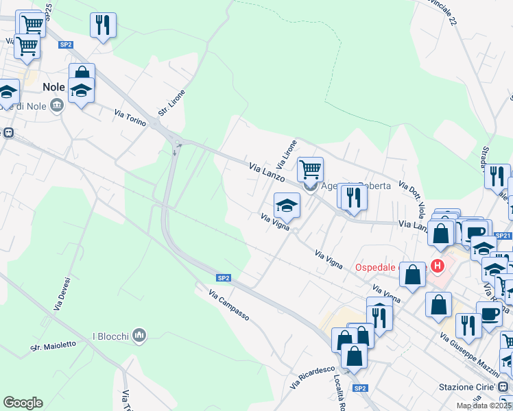 map of restaurants, bars, coffee shops, grocery stores, and more near 12 Via Bianca Gerardi in Ciriè