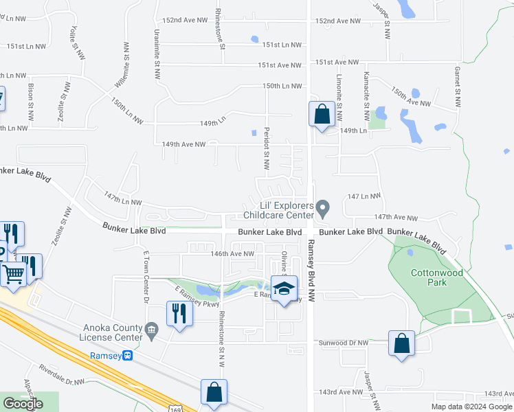 map of restaurants, bars, coffee shops, grocery stores, and more near 7279 147 Lane Northwest in Ramsey