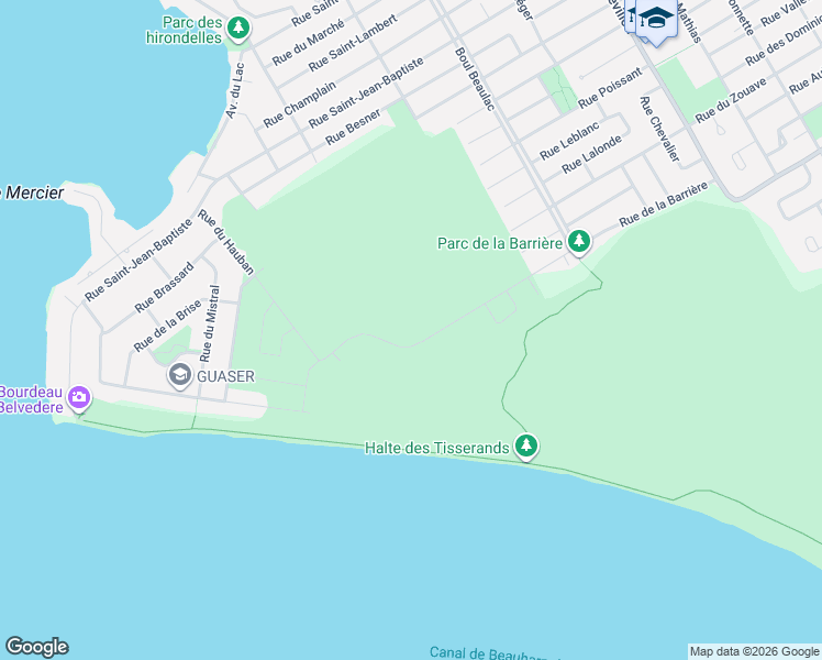 map of restaurants, bars, coffee shops, grocery stores, and more near Rue de la Barrière in Salaberry-de-Valleyfield
