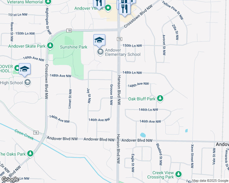 map of restaurants, bars, coffee shops, grocery stores, and more near 1656 147th Lane Northwest in Andover