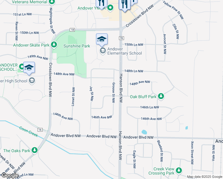 map of restaurants, bars, coffee shops, grocery stores, and more near 1656 147th Lane Northwest in Andover
