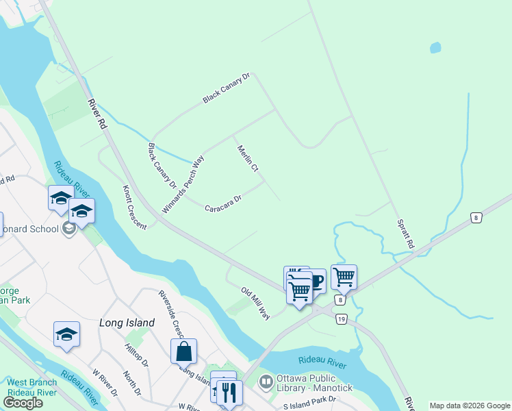 map of restaurants, bars, coffee shops, grocery stores, and more near 664 Caracara Drive in Ottawa