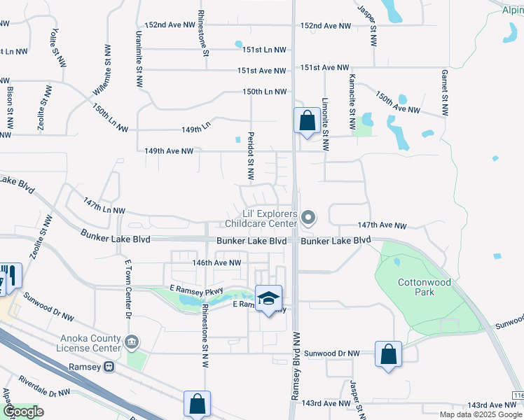 map of restaurants, bars, coffee shops, grocery stores, and more near 7294 147 Lane Northwest in Ramsey