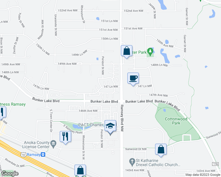 map of restaurants, bars, coffee shops, grocery stores, and more near 7278 147 Lane Northwest in Ramsey