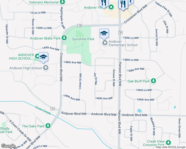 map of restaurants, bars, coffee shops, grocery stores, and more near 14756 Jay Street Northwest in Andover
