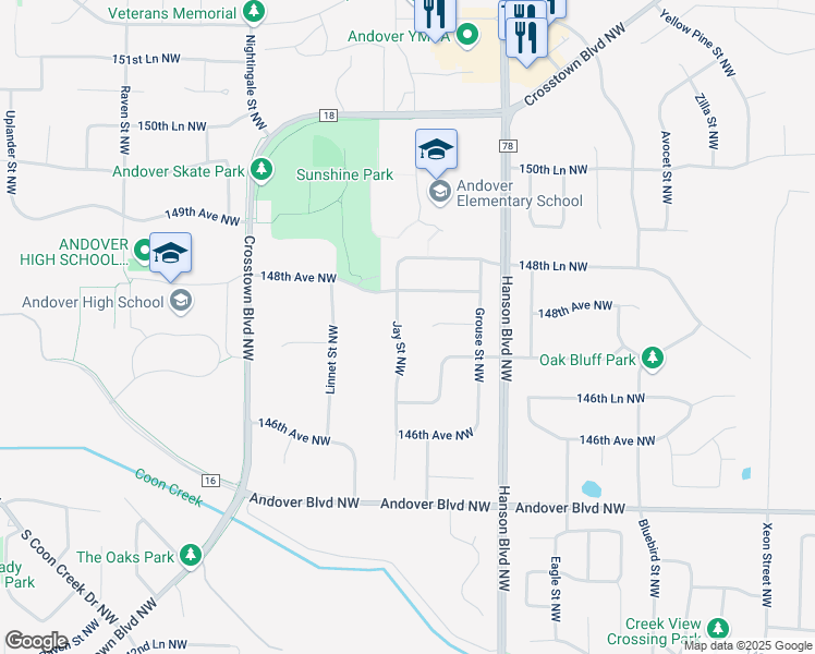 map of restaurants, bars, coffee shops, grocery stores, and more near 14756 Jay Street Northwest in Andover
