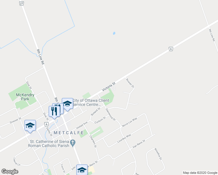 map of restaurants, bars, coffee shops, grocery stores, and more near 8344 Victoria Street in Ottawa