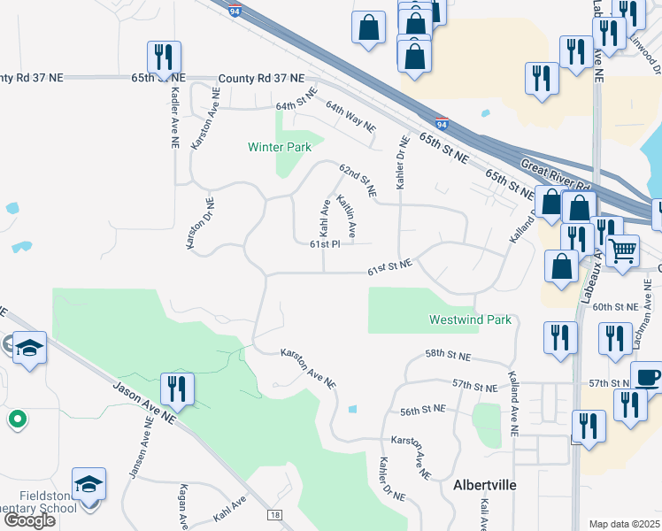 map of restaurants, bars, coffee shops, grocery stores, and more near 10404 61st Street Northeast in Albertville