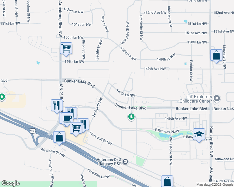 map of restaurants, bars, coffee shops, grocery stores, and more near 7668 147 Lane Northwest in Ramsey