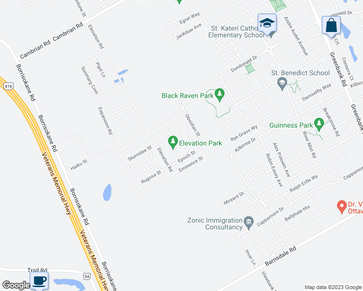 map of restaurants, bars, coffee shops, grocery stores, and more near 318 Canadensis Lane in Ottawa