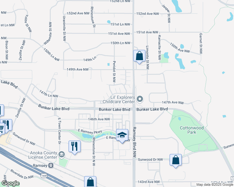map of restaurants, bars, coffee shops, grocery stores, and more near 7302 147 Lane Northwest in Anoka