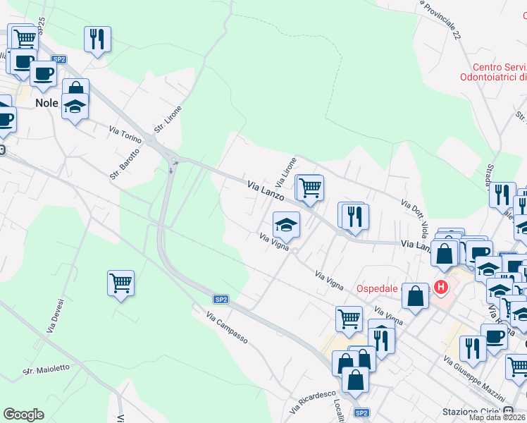 map of restaurants, bars, coffee shops, grocery stores, and more near 12 Via Bianca Gerardi in Ciriè