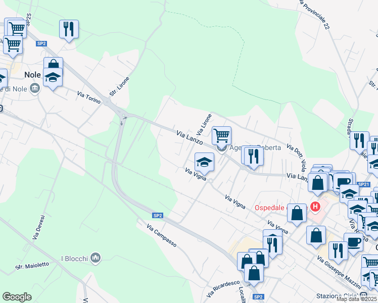map of restaurants, bars, coffee shops, grocery stores, and more near 12 Via Bianca Gerardi in Ciriè