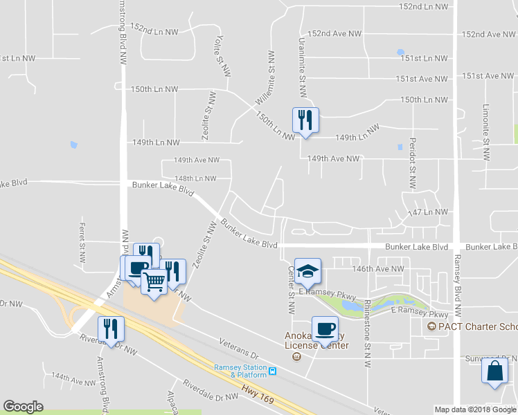 map of restaurants, bars, coffee shops, grocery stores, and more near 14776 Willemite Way Northwest in Ramsey