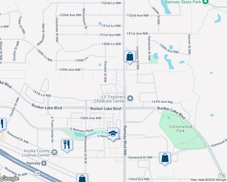 map of restaurants, bars, coffee shops, grocery stores, and more near 7282 147 Lane Northwest in Ramsey