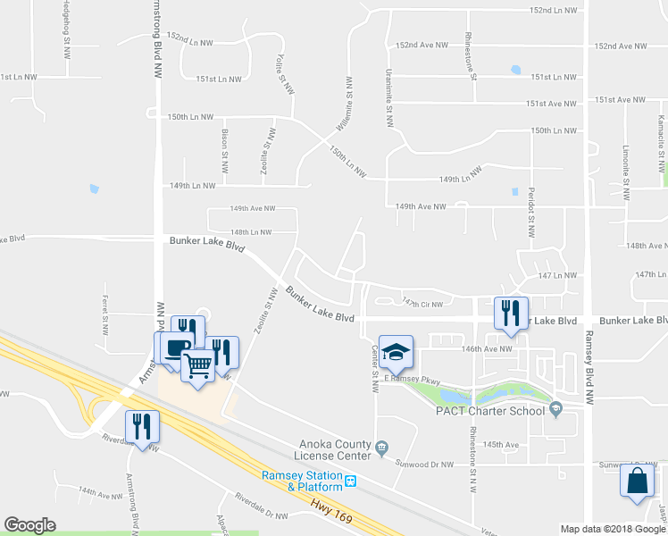 map of restaurants, bars, coffee shops, grocery stores, and more near 14780 Willemite Way Northwest in Ramsey
