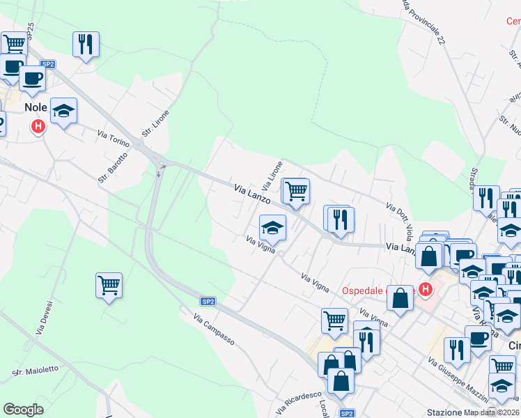 map of restaurants, bars, coffee shops, grocery stores, and more near 3 Via Giorgio Perino in Ciriè