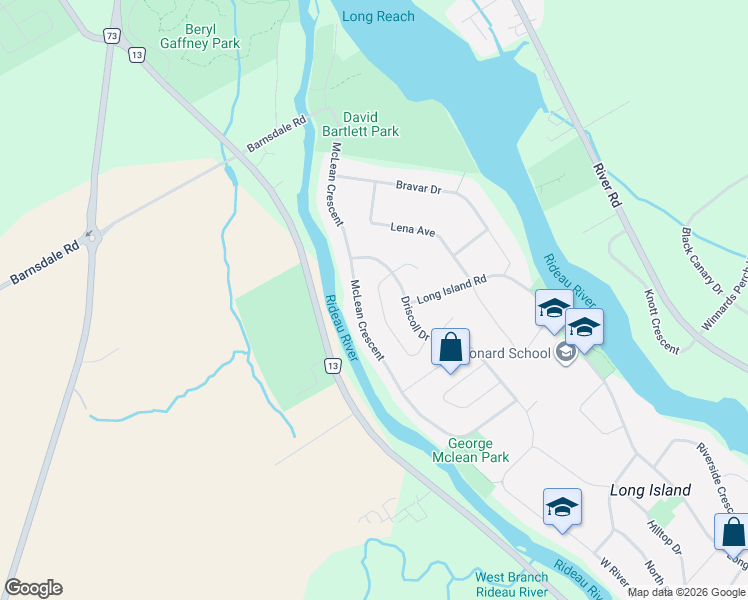 map of restaurants, bars, coffee shops, grocery stores, and more near 5276 Hillcrest Drive in Ottawa