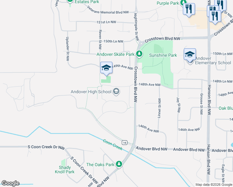 map of restaurants, bars, coffee shops, grocery stores, and more near 2115 Andover Boulevard Northwest in Andover