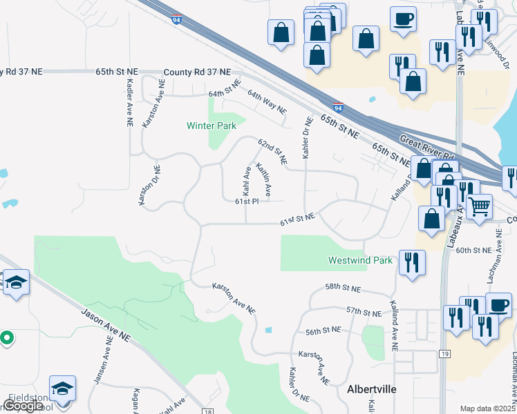 map of restaurants, bars, coffee shops, grocery stores, and more near 10404 61st Street Northeast in Albertville