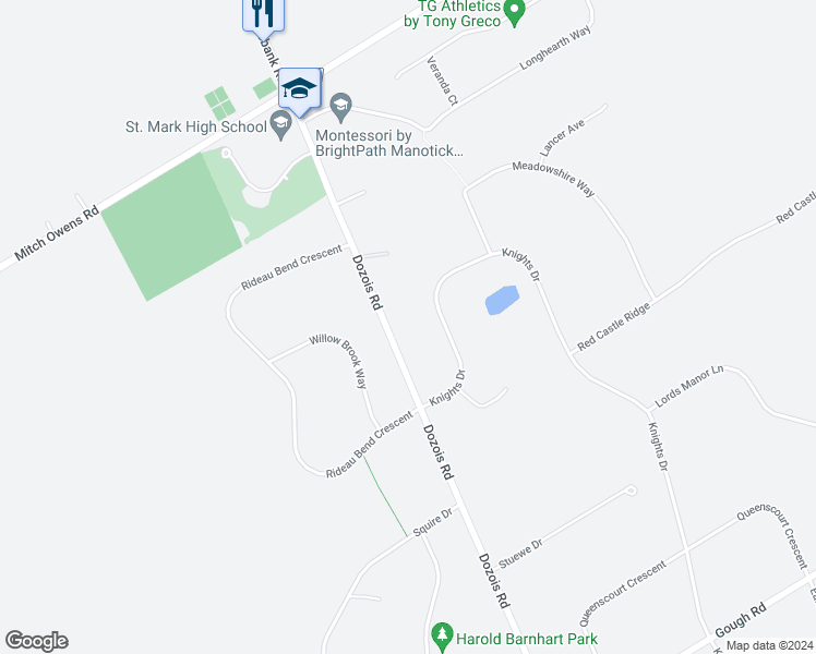 map of restaurants, bars, coffee shops, grocery stores, and more near 6128 Knights Drive in Ottawa